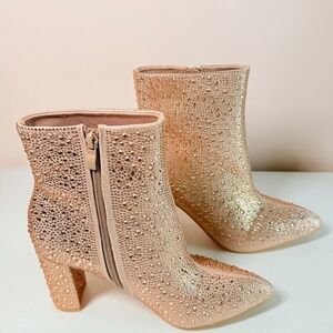 Berness Rose Gold Ankle Boots With Rhinestone Embellishments 3" Block Heel